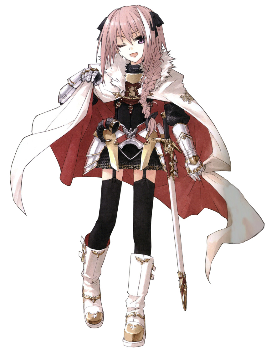 1boy armor armored_skirt astolfo_(fate) black_bow black_thighhighs boots bow braid cape cape_hold chain chainmail cross earrings emblem fang fate/apocrypha fate_(series) fur-trimmed_cape fur_trim garter_straps gauntlets gold_chain hair_between_eyes hair_bow highres horn_(instrument) jewelry konoe_ototsugu leg_up long_hair male_focus multicolored_hair official_art one_eye_closed otoko_no_ko pink_hair purple_eyes scabbard sheath simple_background single_braid single_earring solo standing standing_on_one_leg streaked_hair sword thighhighs transparent_background two-sided_cape two-sided_fabric weapon white_cape white_footwear white_fur white_hair zettai_ryouiki