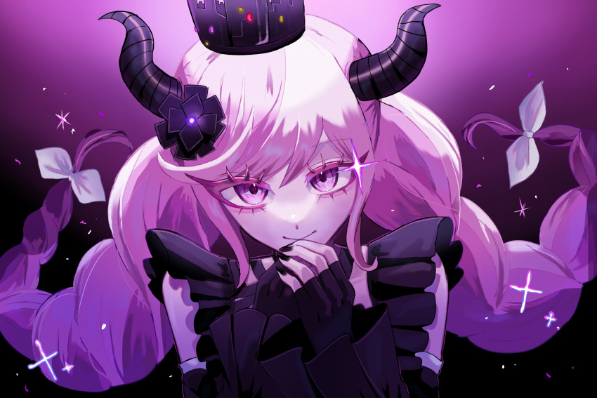 1girl bare_shoulders black_horns black_nails braid brown_hair closed_mouth crown detached_sleeves gradient_background grey_ribbon guzhe hair_ribbon hand_up highres horns long_hair long_sleeves looking_at_viewer master_detective_archives:_rain_code multicolored_hair nail_polish pink_background pink_eyes pink_hair portrait ribbon shinigami_(rain_code) smile twin_braids two-tone_hair