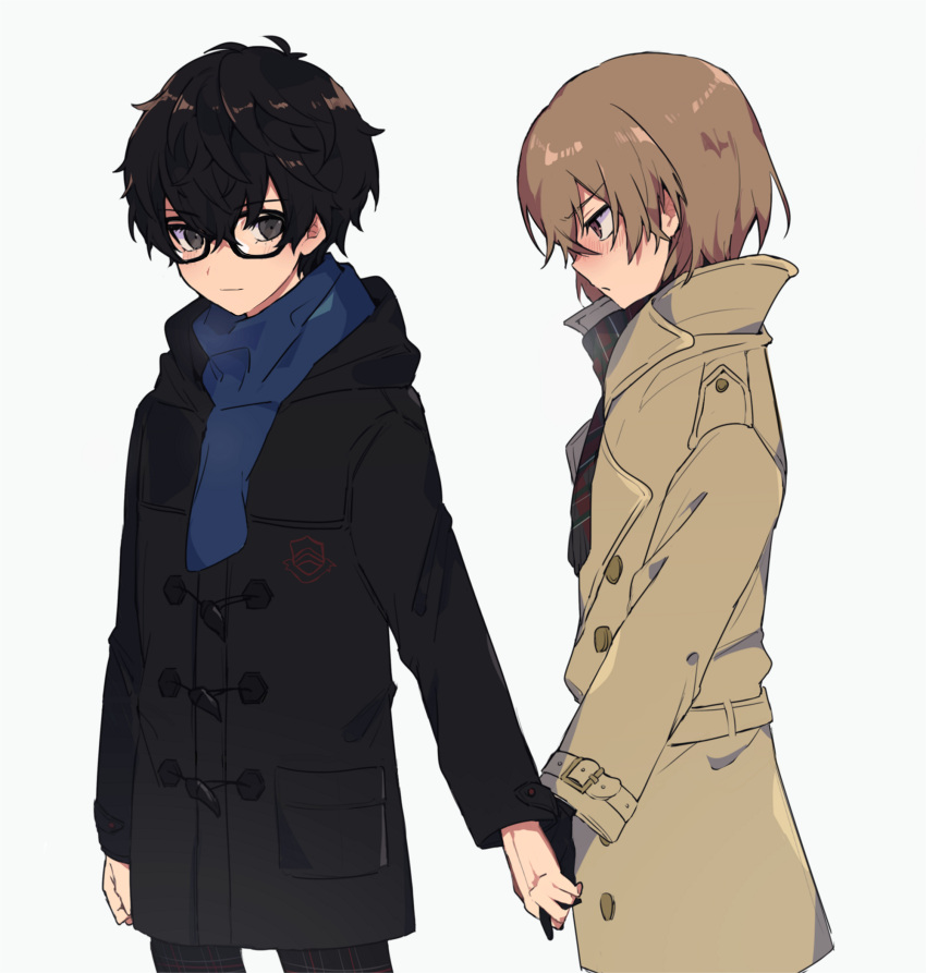 2boys akechi_gorou amamiya_ren black_coat black_eyes black_gloves black_hair blue_scarf blush brown_coat brown_eyes coat from_side glasses gloves highres light_brown_hair looking_at_another male_focus mitsu_(cr_kun) multiple_boys pants persona persona_5 plaid plaid_pants plaid_scarf profile scarf short_hair smile standing upper_body walking white_background winter_clothes yaoi