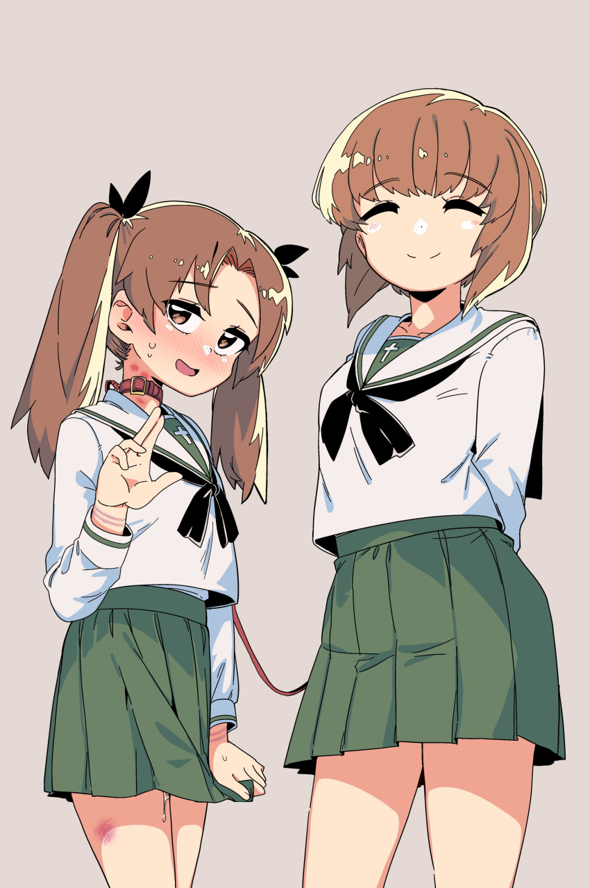 2girls absurdres aoi_kujira arms_behind_back black_neckerchief black_ribbon blush brown_eyes brown_hair bruise choker cowboy_shot girls_und_panzer green_skirt grey_background hair_ribbon hand_up hashtag_only_commentary highres holding holding_leash injury kadotani_anzu leash long_hair long_sleeves looking_at_viewer multiple_girls neckerchief nishizumi_miho pleated_skirt pussy_juice red_choker ribbon sailor_collar shirt short_hair simple_background skirt skirt_tug smile standing thighs twintails waving white_sailor_collar white_shirt