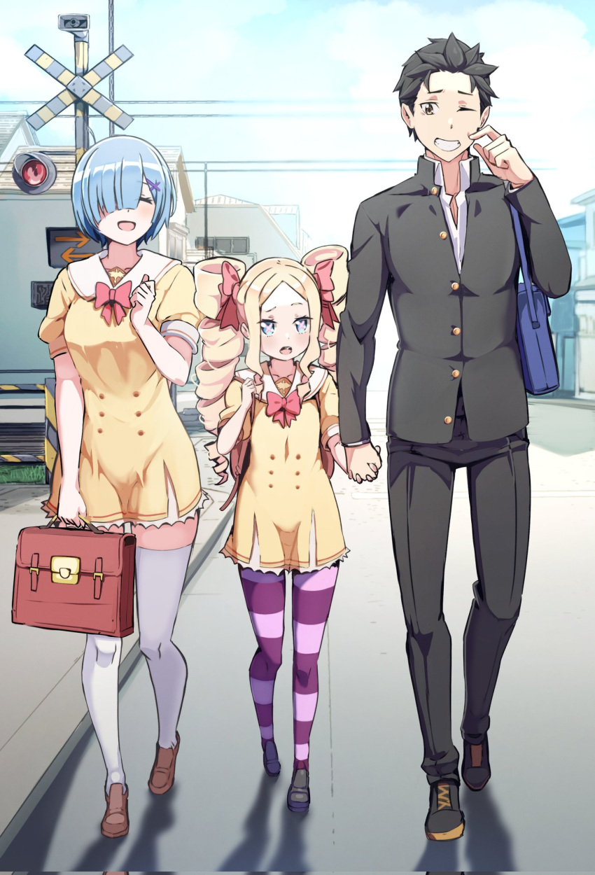 1boy 2girls :d ^_^ bag beatrice_(re:zero) black_hair blonde_hair blue_bag blue_hair bow brown_footwear clenched_teeth closed_eyes commentary contemporary corrupted_twitter_file drill_hair english_commentary full_body grin hair_bow hair_over_one_eye hand_up highres holding_hands interlocked_fingers loafers multiple_girls outdoors pantyhose purple_pantyhose railroad_crossing railroad_signal re:zero_kara_hajimeru_isekai_seikatsu red_bag red_bow rem_(re:zero) road school_uniform shoes short_hair shoulder_bag smile striped_clothes striped_pantyhose teeth thighhighs twin_drills walking white_thighhighs zerobarto