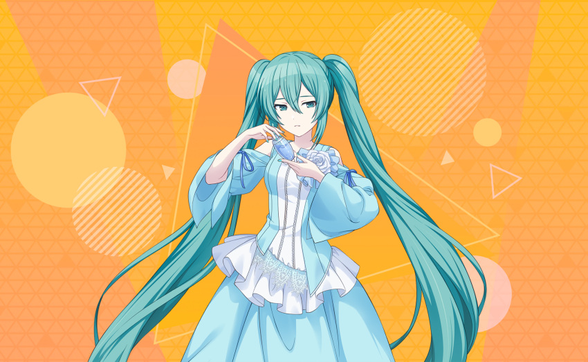 1girl aqua_dress aqua_eyes aqua_hair aqua_nails bare_shoulders blue_dress bottle clothing_cutout dot_nose dress dress_flower dress_ribbon evillious_nendaiki flower frilled_dress frills hair_between_eyes hatsune_miku highres holding holding_bottle light_blue_dress long_hair looking_at_viewer margarita_blankenheim nemurase_hime_kara_no_okurimono_(vocaloid) official_art orange_background parted_lips poison project_sekai rose sad shoulder_cutout solo standing twintails very_long_hair vocaloid wide_sleeves