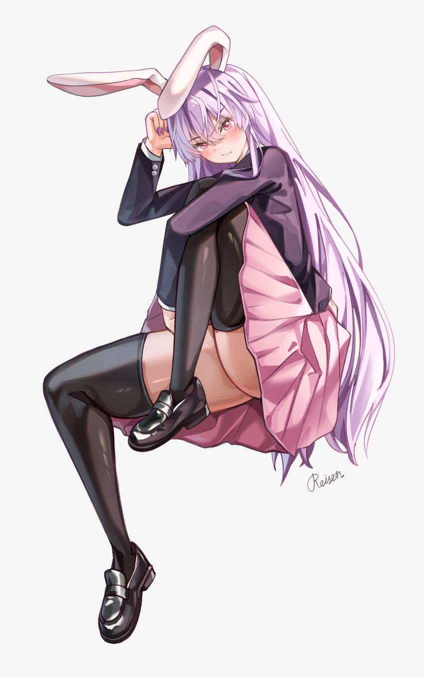 1girl absurdres animal_ears arm_on_knee black_footwear black_jacket black_socks black_thighhighs blazer blush character_name floppy_ears full_body hair_between_eyes hand_up highres invisible_chair jacket leg_up long_hair long_sleeves looking_at_viewer maboroshi_mochi mary_janes pink_eyes pink_skirt pleated_skirt purple_hair purple_nails rabbit_ears red_eyes reisen_udongein_inaba shoes simple_background sitting skirt socks solo tachi-e thighhighs thighs touhou very_long_hair white_background