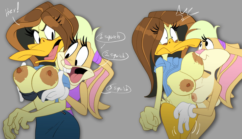 absurd_res anatid anseriform anthro areola avian big_areola bird bottomless breast_grab breast_play breast_suck breasts clothed clothing duck duo female fingering hand_on_breast hi_res inker_comics lagomorph leporid lola_bunny looney_tunes mammal nipples nude rabbit sucking surprise surprised_expression the_looney_tunes_show tina_russo vaginal vaginal_fingering warner_brothers