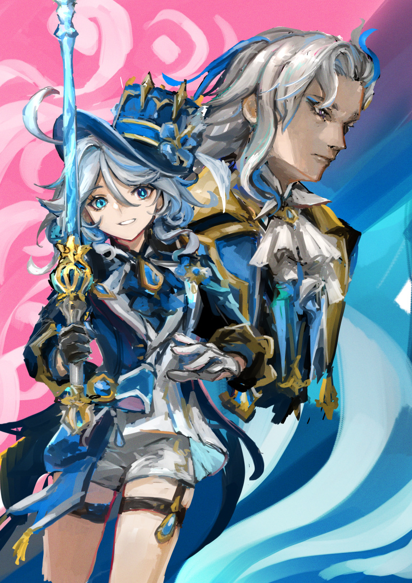 1boy 1girl absurdres ahoge ascot asymmetrical_gloves black_gloves blue_ascot blue_brooch blue_eyes blue_hair blue_headwear blue_jacket commentary_request furina_(genshin_impact) genshin_impact gloves grey_hair grin hair_between_eyes hat heterochromia highres holding holding_sword holding_weapon jacket long_sleeves mismatched_gloves mismatched_pupils multicolored_hair neuvillette_(genshin_impact) no_humans okitsuma short_shorts shorts smile streaked_hair sword thigh_strap top_hat wavy_hair weapon white_gloves white_shorts