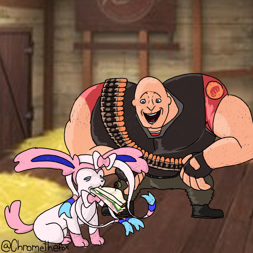 absurd_res chromethefox duo eating eeveelution feral generation_6_pokemon heavy_(team_fortress_2) hi_res human laugh male mammal nintendo pokemon pokemon_(species) sandwich_(disambiguation) schadenfreude sylveon team_fortress_2 valve