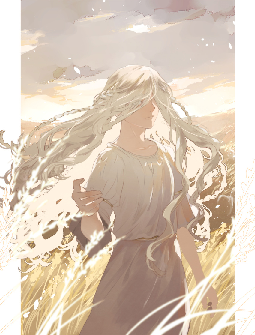 1boy androgynous blonde_hair braid cloud collarbone commentary cowboy_shot day dress elden_ring eyes_visible_through_hair field floating_hair grey_sky hair_over_eyes highres kero_1110 long_hair looking_at_viewer male_focus miquella_(elden_ring) multiple_braids one_eye_covered outdoors outside_border pillarboxed reaching reaching_towards_viewer sky solo standing wheat_field white_dress wind yellow_eyes