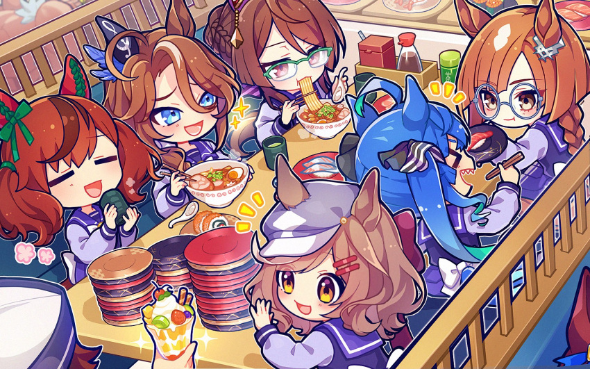 &gt;_&lt; 1other 6+girls :t =_= ahoge animal_ears asymmetrical_bangs blue_eyes blue_hair blush booth_seating bow bowl bowtie braid brown_eyes brown_hair chibi chinese_spoon chopsticks conveyor_belt_sushi cup ear_covers ears_through_headwear eating food glasses hair_bow hair_ornament hairclip hand_up hat highres holding holding_chopsticks holding_spoon horse_ears horse_girl horse_tail ice_cream ikuno_dictus_(umamusume) long_hair looking_to_the_side maigo_(user_xkwr8585) matikane_tannhauser_(umamusume) medium_hair multicolored_hair multiple_girls nice_nature_(umamusume) noodles notice_lines open_mouth plate purple_eyes purple_shirt purple_skirt ramen round_eyewear royce_and_royce_(umamusume) sailor_collar school_uniform semi-rimless_eyewear sharp_teeth shirt sitting skirt smile sounds_of_earth_(umamusume) soy_sauce sparkle spoon steam streaked_hair sundae sushi table tail teeth tracen_school_uniform twin_turbo_(umamusume) twintails umamusume yunomi