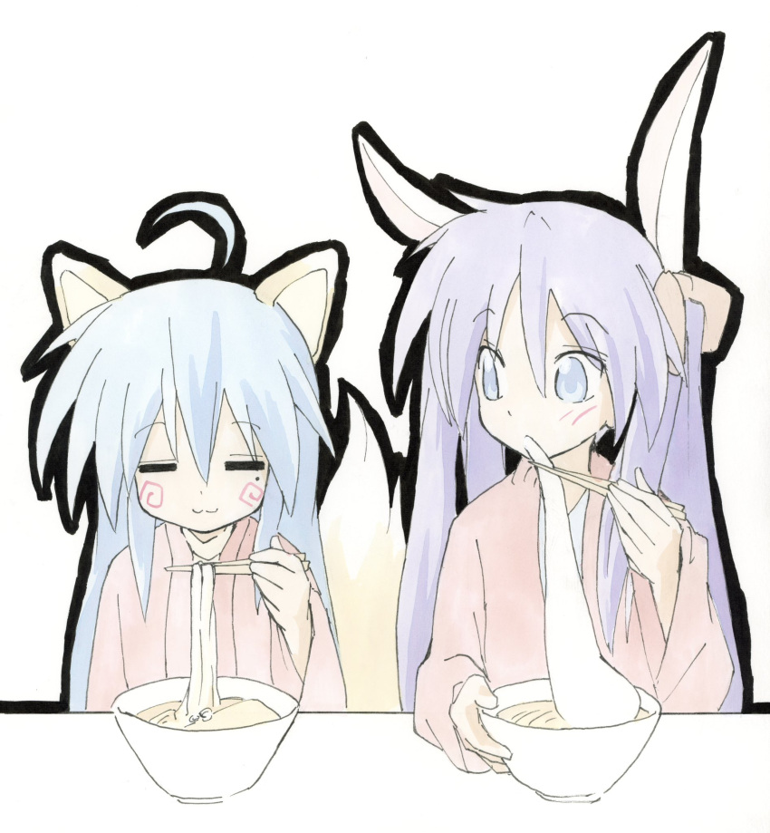 animal_humanoid blue_eyes blue_hair canid canid_humanoid canine canine_humanoid dating duo eyes_closed female fox_humanoid hair hi_res humanoid iro_59 kagami_hiiragi konata_izumi lagomorph lagomorph_humanoid leporid_humanoid lucky_star mammal mammal_humanoid mole_under_eye rabbit_humanoid