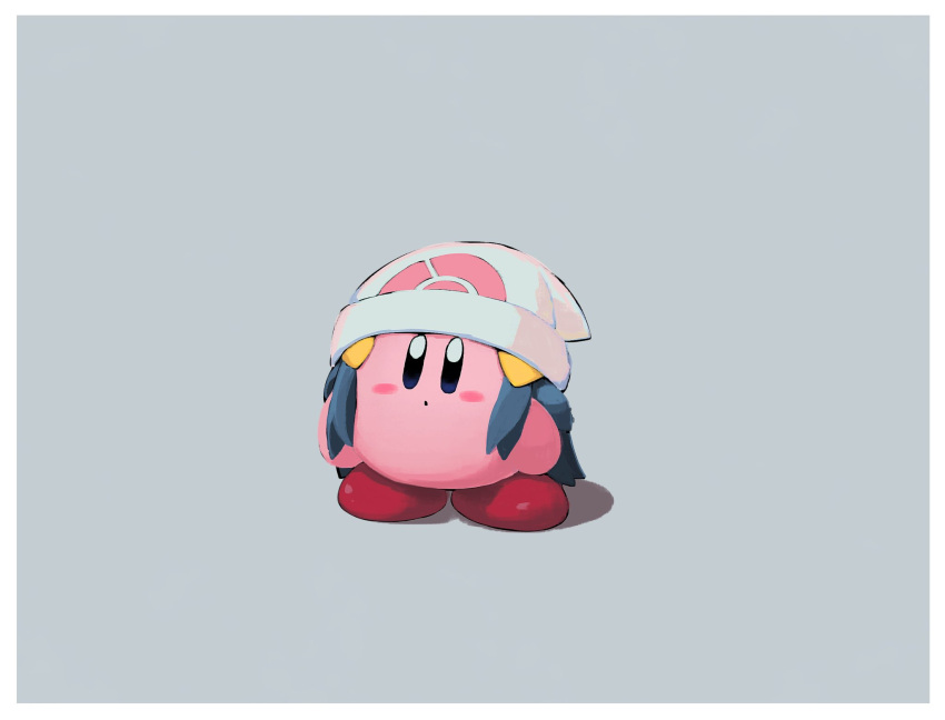 1boy beanie black_eyes border colored_skin cosplay dawn_(pokemon) dawn_(pokemon)_(cosplay) grey_background hat highres kirby kirby_(series) outside_border pink_skin poke_ball_print pokemon pokemon_dppt print_headwear shadow simple_background solo suyasuyabi white_border white_headwear