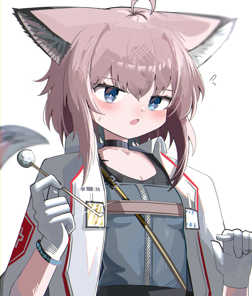 1girl absurdres ahoge animal_ear_fluff animal_ears arknights black_choker blue_eyes breasts brown_hair choker cleavage collarbone commentary_request dress flying_sweatdrops fox_ears fox_girl fox_tail gloves grey_dress hair_between_eyes hands_up highres holding jacket looking_at_viewer mimikaki open_clothes open_jacket simple_background small_breasts solo spam_(spamham4506) sussurro_(arknights) tail upper_body white_background white_gloves white_jacket