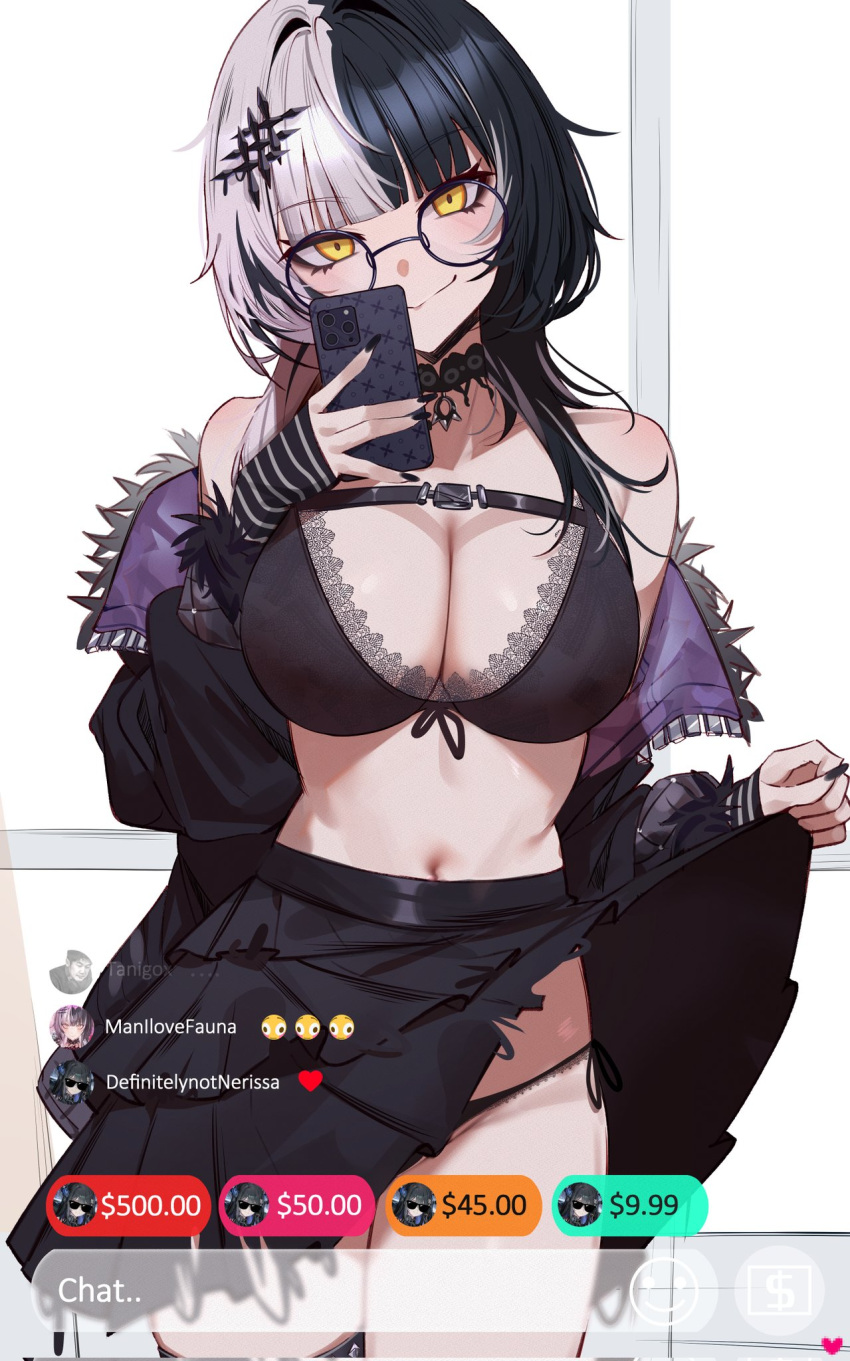 1girl bare_shoulders black_bra black_choker black_gloves black_hair black_nails black_panties black_skirt bra breasts cellphone chest_belt choker cleavage clothes_lift commentary doujenrad emoji english_commentary english_text fur_trim glasses gloves grey_hair hair_ornament highres holding holding_phone hololive hololive_english lace-trimmed_bra lace_trim large_breasts lifted_by_self livestream looking_at_viewer multicolored_hair navel nerissa_ravencroft panties phone pleated_skirt removing_jacket selfie shiori_novella side-tie_panties skirt skirt_lift smartphone smile solo split-color_hair striped_clothes striped_gloves super_chat two-tone_hair underwear user_interface virtual_youtuber white_background yagoo yellow_eyes