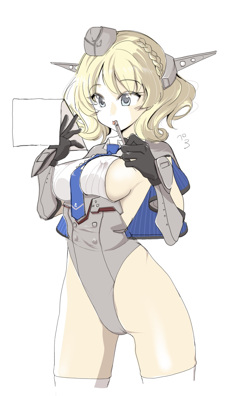 1girl absurdres adapted_costume blonde_hair blue_eyes blue_necktie braid breasts capelet colorado_(kancolle) dress elbow_gloves garrison_cap gloves grey_capelet grey_dress grey_gloves grey_headwear grey_leotard hat headgear highleg highleg_leotard highres kantai_collection large_breasts leotard necktie shirt short_hair side_braids sideboob sideless_shirt sleeveless solo tada_(tactical_tada) white_shirt