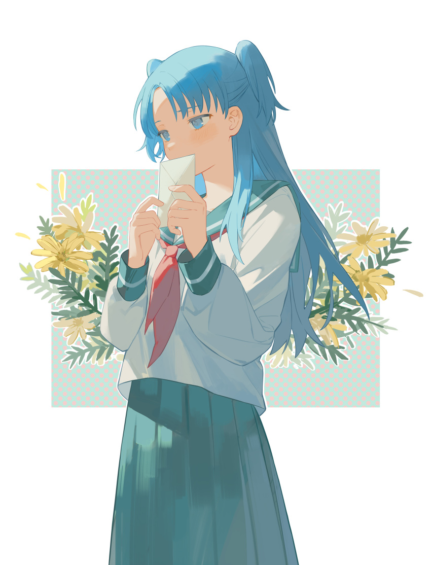 1girl absurdres blue_eyes blue_hair blue_skirt border chtholly_nota_seniorious envelope flower highres holding holding_envelope lmay long_skirt long_sleeves neckerchief pleated_skirt red_neckerchief sailor_collar school_uniform serafuku shirt short_twintails shuumatsu_nani_shitemasu_ka? skirt twintails white_border white_serafuku white_shirt yellow_flower