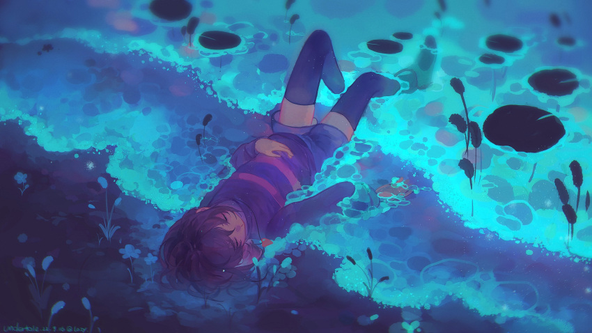 1other androgynous black_thighhighs blue_shorts brown_hair child chinese_commentary closed_eyes commentary_request copyright_name dated dutch_angle expressionless frisk_(undertale) from_above full_body hand_on_own_stomach highres lazy_kun lily_pad long_sleeves lying on_back other_focus outdoors partially_submerged short_hair shorts signature solo thighhighs undertale water