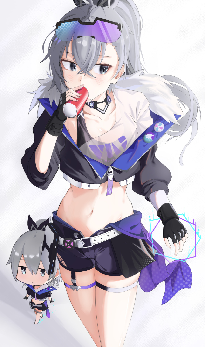 2girls absurdres black_gloves can chibi cropped_jacket eyewear_on_head fingerless_gloves fur-trimmed_jacket fur_trim gloves grey_hair high_ponytail highres holding holding_can honkai:_star_rail honkai_(series) jacket midriff multiple_girls nonsal_(pix62364634) shirt silver_wolf_(honkai:_star_rail) solo thigh_strap white_shirt