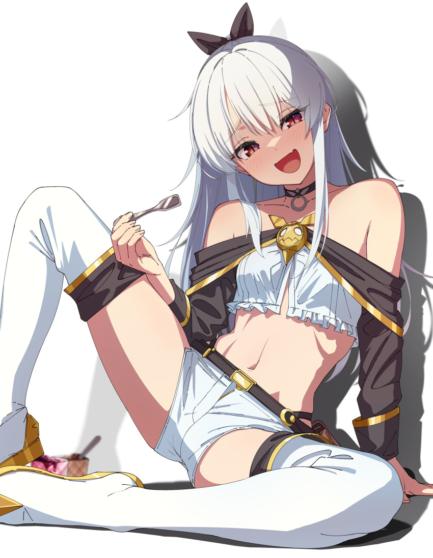 1girl :d absurdres arm_support bare_shoulders belt black_choker blush boots breasts choker crop_top fang fold-over_boots highres holding knee_up long_hair looking_at_viewer midriff navel open_fly open_mouth original red_eyes shinomu_(cinomoon) short_shorts shorts simple_background sitting skin_fang small_breasts smile solo spread_legs stomach thigh_boots white_background white_footwear white_hair white_shorts