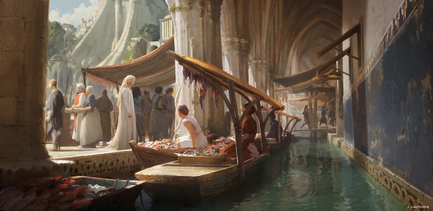 6+boys 6+girls absurdres boat canal city crowd dress fish head_scarf highres market market_stall multiple_boys multiple_girls numenor official_art renart rings_of_power scenery tolkien's_legendarium tunic water watercraft watermark white_dress