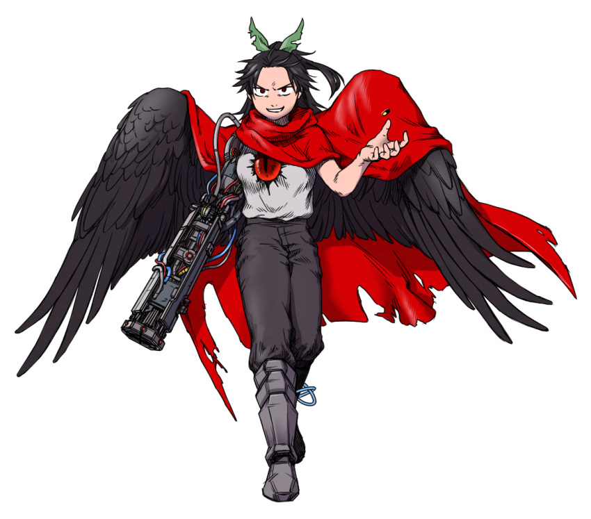 1girl akira_(manga) arm_cannon armored_boots atom black_hair black_pants boots bow breasts cape commentary_request cosplay full_body green_bow grey_shirt grin hair_bow high_ponytail long_hair looking_at_viewer mechanical_arms medium_breasts mochi10bi pants parted_bangs red_cape red_eyes reiuji_utsuho shima_tetsuo shima_tetsuo_(cosplay) shirt shirt_tucked_in simple_background single_mechanical_arm smile solo third_eye torn_cape torn_clothes touhou v-shaped_eyebrows walking weapon white_background