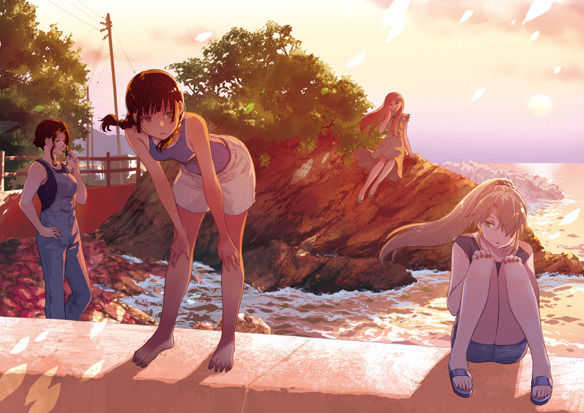 4girls black_hair blonde_hair blue_overalls blue_shirt character_request chigawa_kon dress evening full_body furuka_hitoto hattori_mitsuru highres kaijuu_iro_no_shima leaning_forward multiple_girls ocean outdoors overalls rock sandals shirt shore sitting sky white_dress