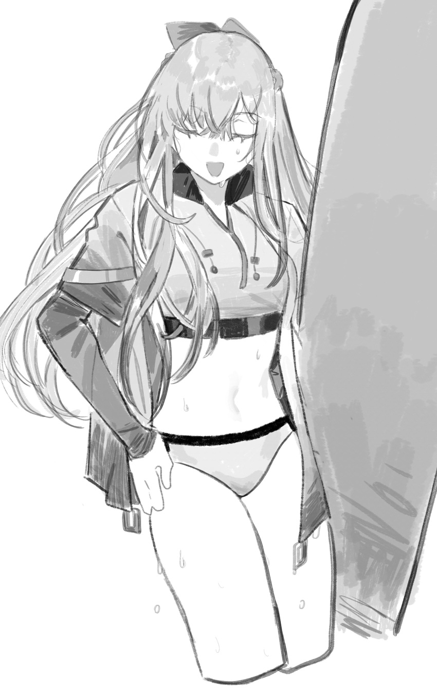 1girl absurdres ak-12_(girls'_frontline) bikini bikini_bottom_only closed_eyes commentary cowboy_shot cropped_jacket english_commentary girls'_frontline highres holding holding_surfboard izaru_31 jacket long_hair long_sleeves open_mouth simple_background solo surfboard swimsuit white_background
