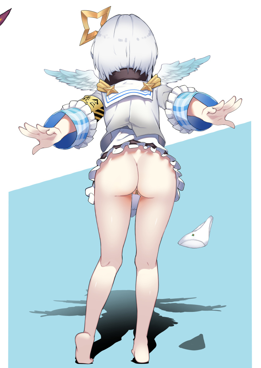 1girl absurdres amane_kanata amane_kanata_(1st_costume) angel_wings armband ass bandaid bandaid_on_pussy barefoot black_skirt bottomless commentary_request feathered_wings frilled_skirt frills from_behind full_body grey_hair grey_jacket halo highres hololive jacket leaning_forward long_sleeves medium_hair mini_wings outstretched_arms panties revision sailor_collar shadow shirt skirt solo standing star_halo underwear unworn_panties virtual_youtuber white_panties white_sailor_collar white_shirt wide_sleeves wings zonzu