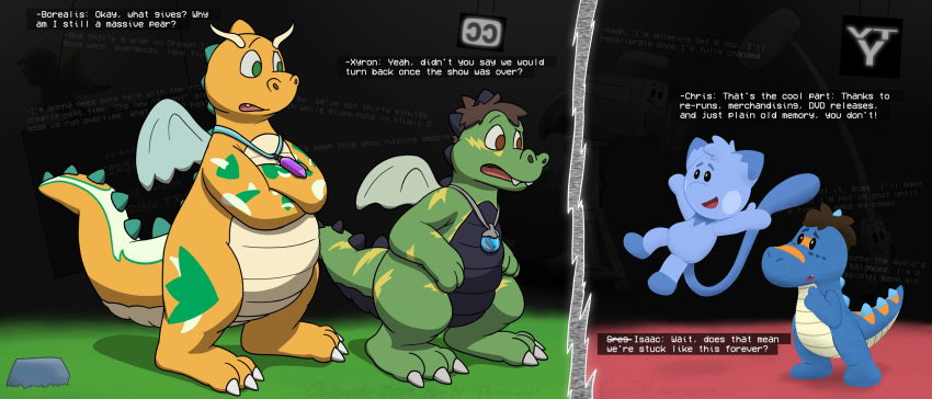 2024 after_transformation alligator alligatorid ambiguous_gender anthro beady_eyes blue's_clues blue_body borealis_(whiteknightdragonite) brown_eyes brown_hair camera chris_(crizbn) closed_captions_icon crizbn crocodilian dialogue dragon dragon_tales dragon_wings dragonite electronics english_text eye_contact featureless_crotch floating generation_1_pokemon green_body green_eyes group hair head_tuft hi_res legendary_pokemon long_tail looking_at_another male_(lore) mew_(pokemon) microphone microphone_stand multicolored_body mythological_creature mythological_scalie mythology name_in_dialogue neckwear neckwear_only nickelodeon nintendo open_mouth orange_body pokemon pokemon_(species) reality_shift reptile scalie simple_background standing static studio style_crossover style_emulation tail text transformation tuft two_tone_body white_text wings xyron_the_charmander