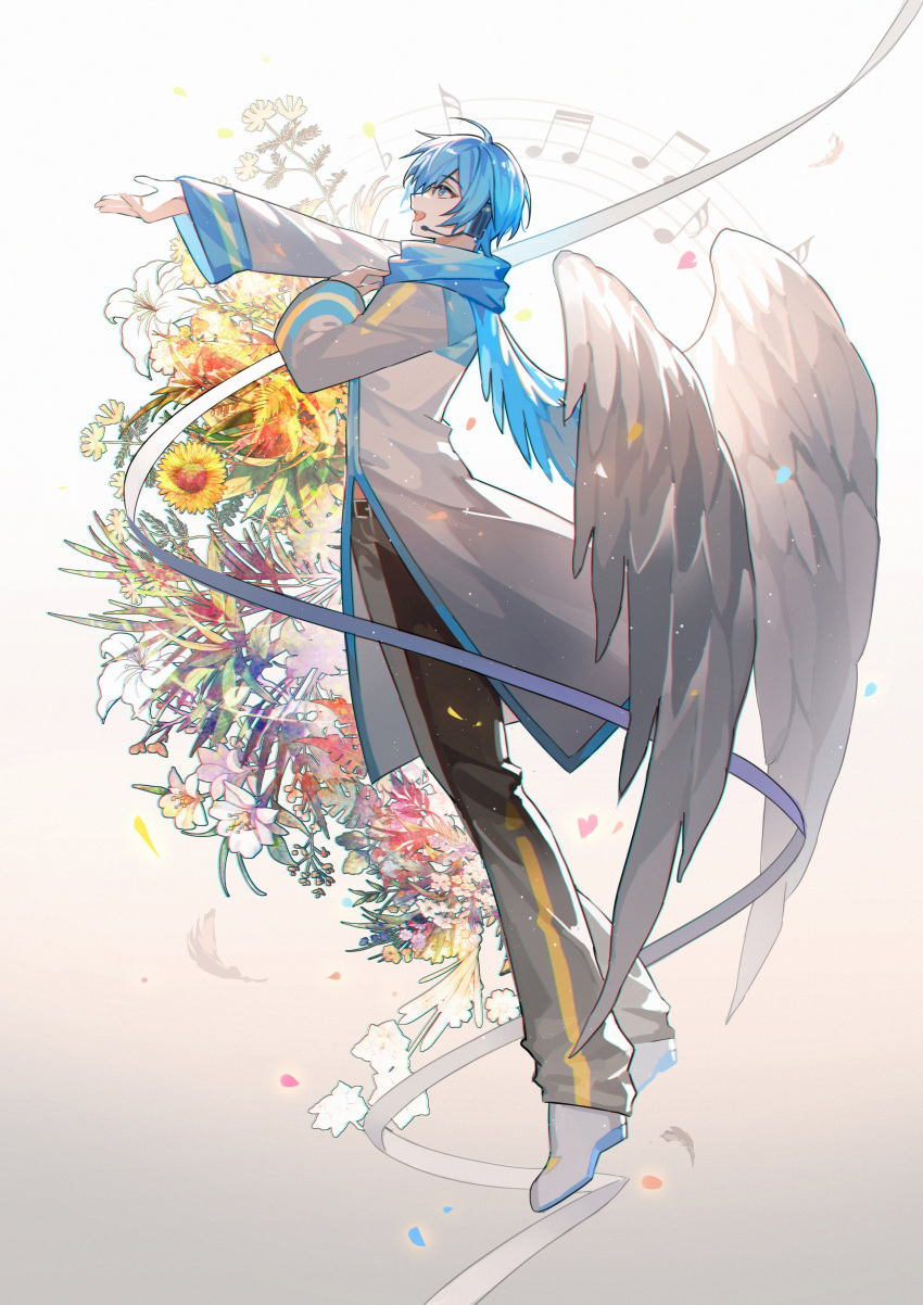 1boy absurdres belt black_belt black_headphones black_pants blue_eyes blue_hair blue_nails blue_scarf bouquet coat commentary english_commentary falling_petals feathered_wings feathers floating flower from_side full_body gradient_background hand_on_own_chest happy headphones highres kaito_(vocaloid) kazenemuri male_focus microphone midriff_peek music musical_note musical_note_background open_mouth outstretched_arm outstretched_hand pants petals ribbon scarf shoes short_hair singing sleeve_cuffs smile solo sunflower teeth upper_teeth_only vocaloid white_background white_coat white_feathers white_flower white_footwear white_ribbon white_wings wings yellow_flower