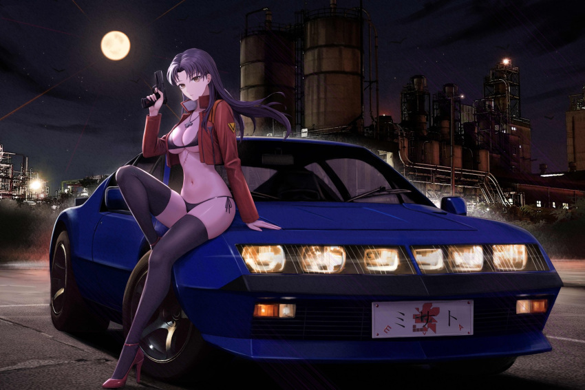 1girl arm_support bikini black_bikini black_hair black_thighhighs brown_eyes brown_jacket car commentary cropped_jacket cross cross_necklace english_commentary finger_on_trigger full_moon gun hand_up handgun high_heels highres holding holding_gun holding_weapon jacket jewelry kcar66t knee_up long_hair long_sleeves looking_at_viewer moon motor_vehicle navel necklace night open_clothes open_jacket original outdoors parted_bangs red_footwear side-tie_bikini_bottom sitting sitting_on_car solo stitched_torso stitches stomach string_bikini swimsuit thighhighs thighs weapon wide_shot