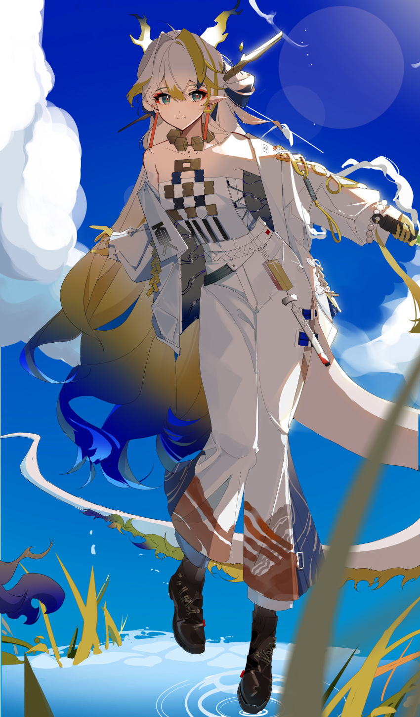 1girl absurdres ankle_boots arknights backlighting bare_shoulders beads belt black_footwear black_horns blonde_hair blue_hair blue_sky boots chaichai_(shiba_dog) closed_mouth cloud day dragon_girl dragon_horns dragon_tail earrings full_body gradient_hair green_eyes hair_between_eyes highres holding horns jacket jewelry leaning_forward lens_flare light_particles light_smile long_hair long_sleeves looking_at_viewer multicolored_hair necklace off_shoulder open_clothes open_jacket orange_pupils outdoors pants plant pointy_ears ripples shoes shu_(arknights) sky solo standing standing_on_one_leg strapless sunlight tail tube_top unfinished water white_belt white_hair white_horns white_jacket white_pants white_tail white_tube_top yellow_horns yellow_tail