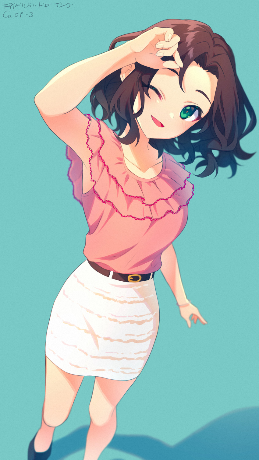 1girl 3yniaruk ;d absurdres arm_up armpits bare_legs belt_buckle blue_background blush breasts brown_hair buckle collarbone forehead highres idolmaster idolmaster_cinderella_girls looking_at_viewer medium_breasts one_eye_closed pink_shirt shirt shirt_tucked_in simple_background skirt smile solo soma_natsumi white_skirt