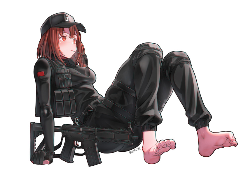 1girl ammunition_pouch arknights arm_support artist_name ass assault_rifle barefoot belt black_belt black_gloves black_headwear black_pants black_shirt blush brown_hair character_request double-parted_bangs eyelashes feet full_body gloves gun highres impossible_clothes impossible_shirt knees_up long_sleeves medium_hair military_uniform mouth_hold orange_eyes pants partially_fingerless_gloves pouch rainbow_six_siege rifle shirt simple_background soles solo sunglasses toe_scrunch toenails toes uniform weapon white_background yamauchi_(conan-comy)