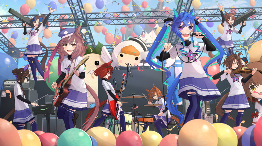 6+girls :d @_@ ahoge amplifier animal_ears aqua_hair arm_up aston_machan_(umamusume) balloon black_shirt blue_eyes blue_hair blue_sky bob_cut bow brown_hair cabbie_hat cable closed_eyes commentary concert confetti crossed_bangs daitaku_helios_(umamusume) day drum drum_set drumsticks ear_covers ear_ornament ears_through_headwear english_commentary feet_out_of_frame giant giantess glasses green-framed_eyewear guitar hair_bow hair_bun hand_up hat heterochromia highres hishi_akebono_(umamusume) holding holding_bass holding_cable holding_drumsticks holding_guitar holding_instrument holding_microphone holding_violin horse_ears horse_girl horse_tail ikuno_dictus_(umamusume) instrument keyboard_(instrument) kimura_komekami long_hair long_sleeves looking_at_viewer mandrake matikane_tannhauser_(umamusume) mejiro_palmer_(umamusume) microphone mixed-language_commentary multicolored_hair multiple_girls music nice_nature_(umamusume) official_alternate_costume open_mouth orange_hair outdoors oversized_object parted_bangs petticoat playing_instrument pleated_skirt ponytail purple_eyes purple_skirt purple_thighhighs red_hair round_eyewear royce_and_royce_(umamusume) sharp_teeth shirt shirt_under_shirt short_hair sidelocks simple_bird single_ear_cover skirt sky smile sounds_of_earth_(umamusume) stage stage_lights streaked_hair striped_bow stuffed_animal stuffed_duck stuffed_rabbit stuffed_toy t-shirt_launcher tail teeth thighhighs twin_turbo_(umamusume) twintails two-tone_hair umamusume upper_teeth_only v-shaped_eyebrows violin waving white_shirt yellow_eyes