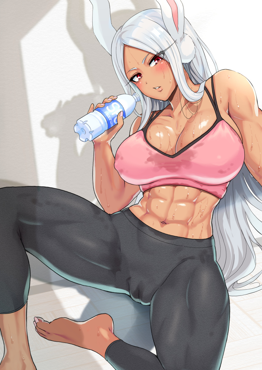 1girl abs absurdres animal_ears bare_arms bare_shoulders barefoot black_pants blush boku_no_hero_academia bottle breasts cameltoe cleavage collarbone covered_nipples cup dark-skinned_female dark_skin feet harurukan highres holding holding_bottle large_breasts long_eyelashes long_hair looking_at_viewer midriff mirko muscular muscular_female nail_polish navel pants parted_bangs parted_lips pink_nails pink_sports_bra rabbit_ears rabbit_girl red_eyes shadow sitting solo sports_bra stomach sweat sweaty_clothes thick_thighs thighs toenail_polish toenails toes very_long_hair water_bottle white_hair yoga_pants