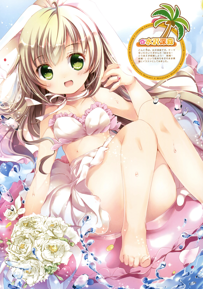 ;d absurdres ahoge barefoot blonde_hair bouquet bra breasts choker collarbone flower green_eyes highres holding holding_bouquet jewelry long_hair looking_at_viewer mizusawa_mimori one_eye_closed open_mouth original palm_tree ribbon ribbon_choker ring skirt small_breasts smile solo tree underwear wet white_bra white_flower white_ribbon white_skirt