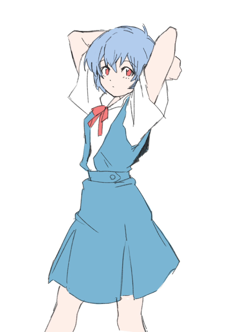 1girl ayanami_rei blue_hair hair_between_eyes highres neon_genesis_evangelion red_eyes red_ribbon ribbon school_uniform shirt short_hair simple_background solo takanas03 tokyo-3_middle_school_uniform white_background white_shirt