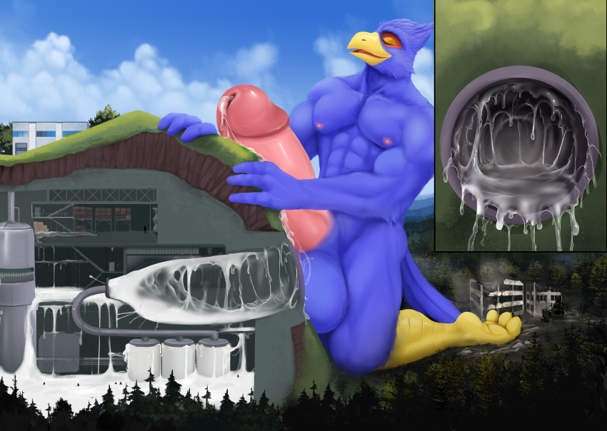 absurd_res after_sex avian beak big_penis bird blue_body blurthefur bodily_fluids cum cum_inside excessive_cum excessive_genital_fluids facility falco_lombardi flooding genital_fluids genitals hi_res internal kneeling machine macro milking_machine mountain nintendo penile penis penis_milking solo star_fox tunnel worship