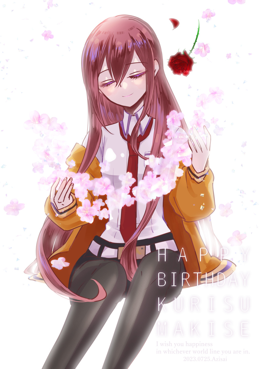 1girl 2023 absurdres artist_name belt black_pantyhose breast_pocket breasts character_name cherry_blossoms closed_eyes closed_mouth collared_shirt dated english_text eyelashes facing_viewer falling_flower falling_petals flower hands_up happy_birthday highres invisible_chair jacket long_hair long_sleeves makise_kurisu necktie orange_jacket pantyhose petals pocket red_flower red_hair red_necktie red_rose rose shirt sidelocks sitting small_breasts smile solo steins;gate thorns vermicul-um white_background white_belt white_shirt