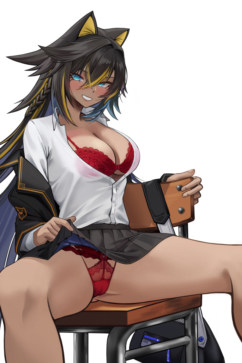1girl absurdres bag black_hair black_jacket blonde_hair blue_eyes blush bra breasts cameltoe clothes_lift dark-skinned_female dark_skin dehya_(genshin_impact) genshin_impact grin gyaru hair_between_eyes hair_ears hair_intakes highres jacket large_breasts lifted_by_self long_hair looking_at_viewer multicolored_hair off_shoulder panties partially_unbuttoned pleated_skirt red_bra red_panties school_uniform shirt shirt_tucked_in sitting skirt skirt_lift smile solo spread_legs streaked_hair thighs two-tone_hair underwear very_long_hair walnut_1477 white_background white_shirt