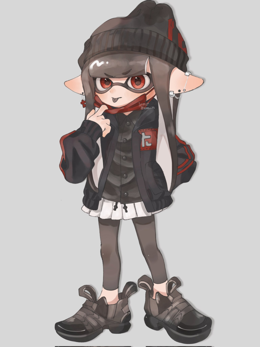 1girl :p beanie black_footwear black_hair black_headwear black_jacket black_leggings black_shirt buttons commentary_request ear_piercing eyebrows_hidden_by_hair full_body grey_background hand_in_pocket hat highres inkling inkling_girl inkling_player_character jacket leggings lemo_(lemo_4) lifted_by_self long_hair looking_at_viewer mask mask_lift mouth_mask piercing pleated_skirt pointy_ears red_eyes shirt shoes simple_background skirt sleeves_past_wrists solo splatoon_(series) standing tentacle_hair tongue tongue_out v-shaped_eyebrows white_skirt