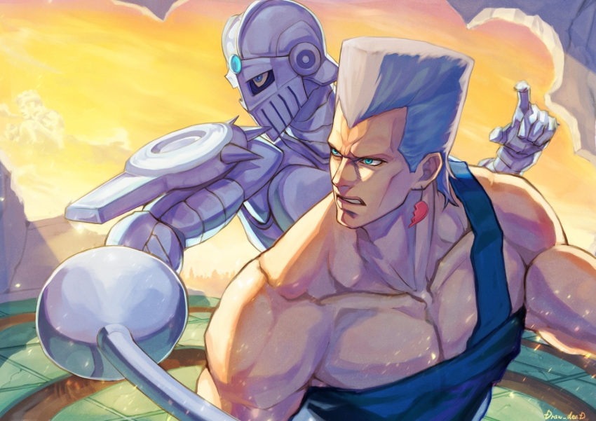 1boy armor artist_name biceps blue_eyes clenched_teeth cloud collarbone commentary_request earrings epee evening fighting_stance flattop grey_hair holding holding_sword holding_weapon jean_pierre_polnareff jewelry jojo_no_kimyou_na_bouken looking_ahead male_focus mohammed_avdol muscular muscular_male pectorals rapier shikabane_(draw_tadao14) silver_chariot spikes spoilers stand_(jojo) stardust_crusaders sword tall_hair teeth upper_body weapon