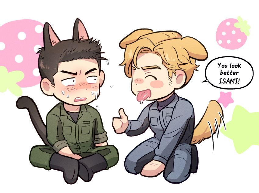2boys animal_ears ao_isami black_hair blonde_hair blue_jumpsuit blush cat_boy cat_ears cat_tail chibi closed_eyes dog_boy dog_ears dog_tail drooling english_text food fruit full_body green_jumpsuit highres jumpsuit kemonomimi_mode kneeling lewis_smith licking licking_another's_face looking_at_another male_focus mouth_drool multiple_boys saliva short_hair sideburns sitting smile speech_bubble strawberry surprised tail tail_wagging thumbs_up wasted_m9 white_background yuuki_bakuhatsu_bang_bravern