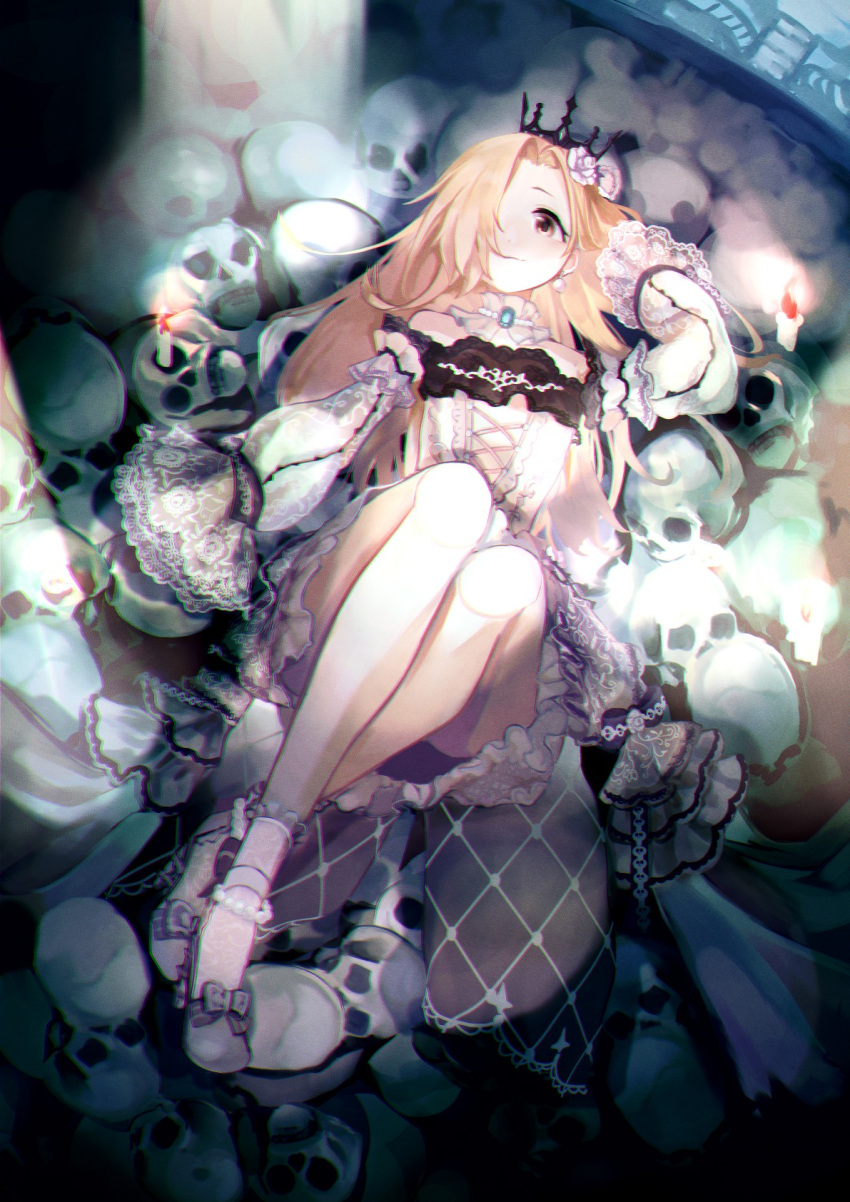 1girl bare_shoulders bird blonde_hair blush bobby_socks closed_mouth commentary cross-laced_clothes cross-laced_dress crow curtained_hair detached_sleeves dress earrings frilled_dress frilled_sleeves frills full_body hair_over_one_eye highres idolmaster idolmaster_cinderella_girls jewelry knees_up legs long_hair looking_at_viewer lying official_alternate_hair_length official_alternate_hairstyle on_back sayuumigi shirasaka_koume shorts skull sleeves_past_fingers sleeves_past_wrists smile socks solo strappy_heels very_long_hair white_dress white_footwear white_shorts