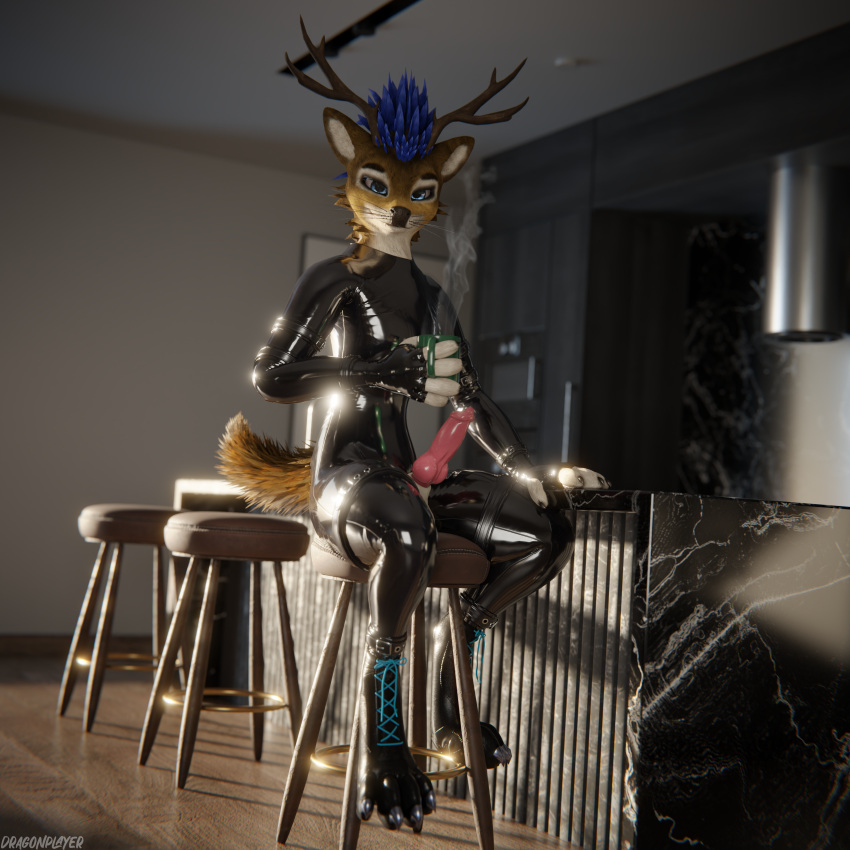 1:1 3d_(artwork) 4k absurd_res animal_genitalia animal_penis anthro anthro_on_anthro antlers armwear balls bar bar_chair bdsm bdsm_gear bdsm_outfit beverage biped black_boots black_clothing black_footwear black_latex blender_(software) blender_cycles blue_body blue_eyes blue_feathers bodily_fluids boots brown_body brown_fur canid canine canine_genitalia canine_penis chair claws clothed clothing coffee coffee_mug cuffs_(clothing) deer deer_ears depth_of_field digital_media_(artwork) dominant dominant_male dragonplayer erection feathers feet footwear fox fur furniture genitals gloves green_mug hair hand_on_table handwear hi_res holding_mug holding_object horn hybrid inside kitchen kitchen_counter knot laces latex latex_armwear latex_boots latex_clothing latex_footwear latex_gloves latex_handware latex_handwear latex_legwear latex_skinsuit latex_thigh_highs legs_up legwear looking_at_viewer male mammal metal_claws mug multicolored_body on_chair paws penis pink_penis raised_paw reflection rexouium rubber_boots scut_tail shoes shoes_on short_tail silentdefang sitting sitting_on_chair skinsuit slim slim_anthro slim_male small_ears smile solo steam submissive tail teasing teasing_viewer teeth thigh_highs tight_clothing toes white_body white_fur yellow_body yellow_fur