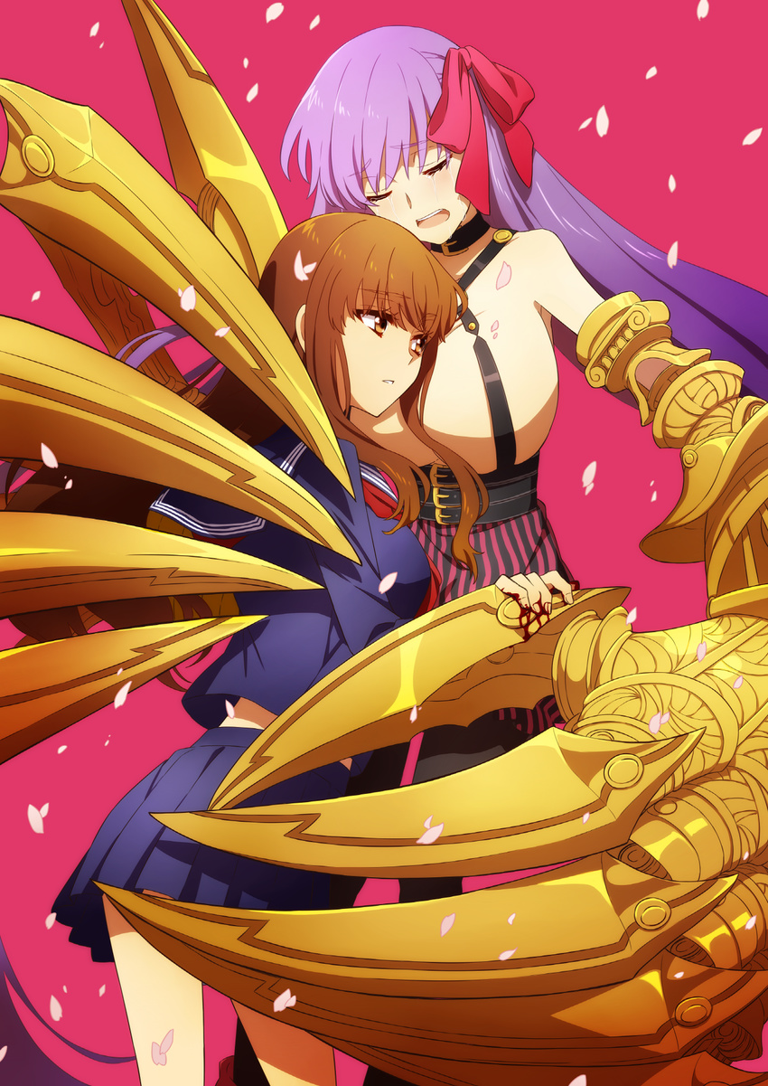 belt blood breasts brown_eyes brown_hair cherry_blossoms claws commentary crying fate/extra fate/extra_ccc fate_(series) hair_ribbon highres huge_breasts kishinami_hakuno_(female) multiple_girls oiun pantyhose passion_lip purple_hair ribbon school_uniform tears tsukumihara_academy_uniform_(fate/extra_ccc) yuri