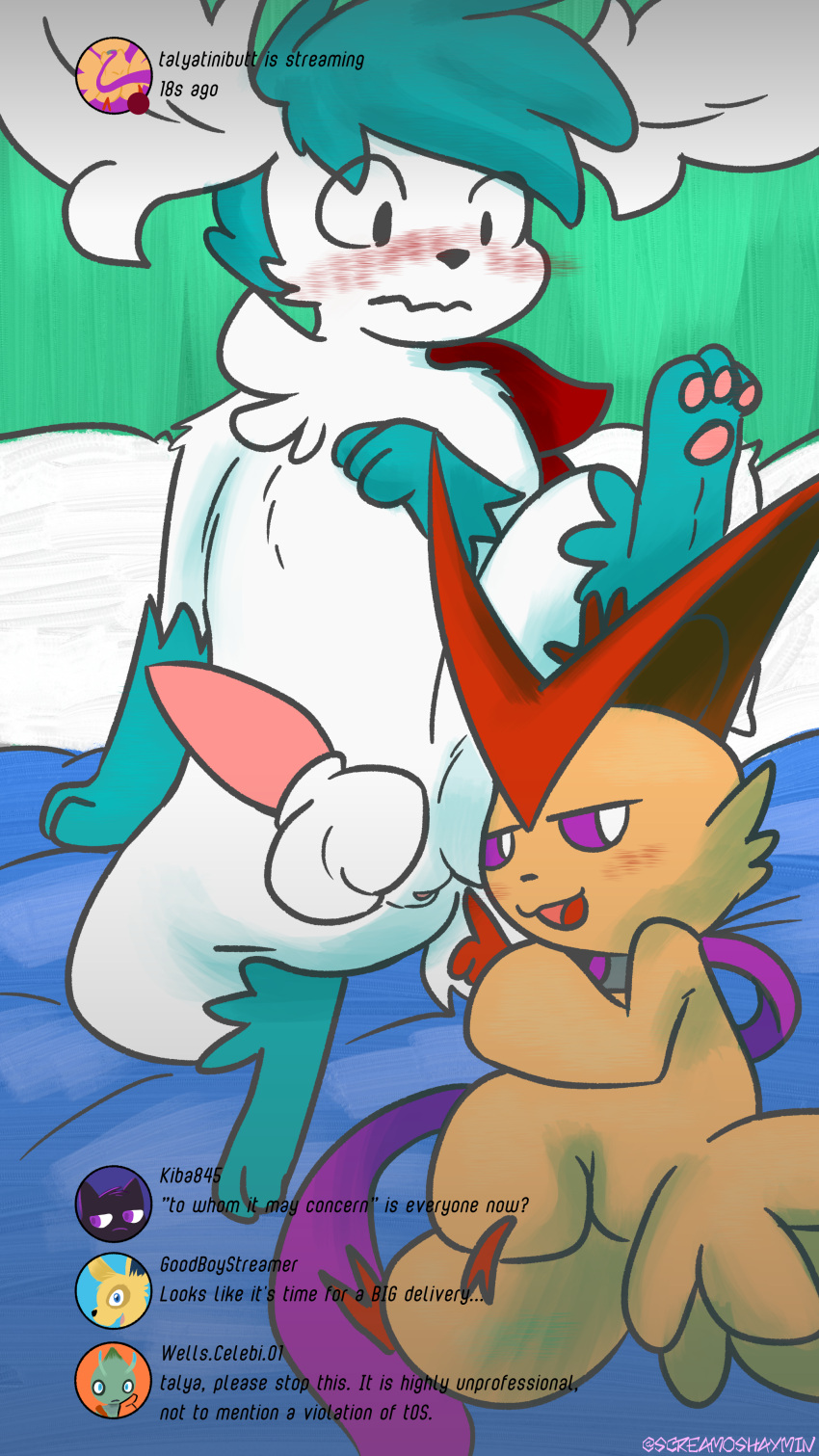 absurd_res bed celebi eeveelution furniture generation_1_pokemon generation_2_pokemon generation_4_pokemon generation_5_pokemon genitals hi_res jolteon legendary_pokemon livestream mew_(disambiguation) nintendo penis pokemon pokemon_(species) pussy screamoshaymin shaymin victini