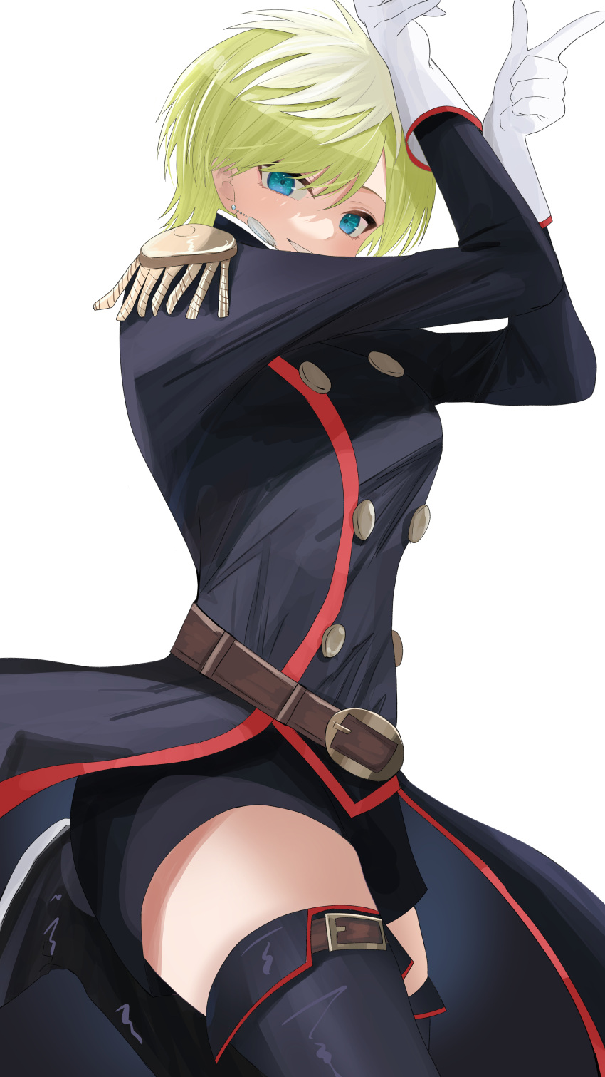 1girl absurdres anti-demon_corps_uniform black_footwear black_jacket black_shorts blonde_hair blue_eyes boots buttons double-breasted gloves highres izumo_tenka jacket kirameki_(rikukaikuu) looking_at_viewer mato_seihei_no_slave military_uniform short_hair shorts simple_background smile solo thigh_boots uniform white_background white_gloves