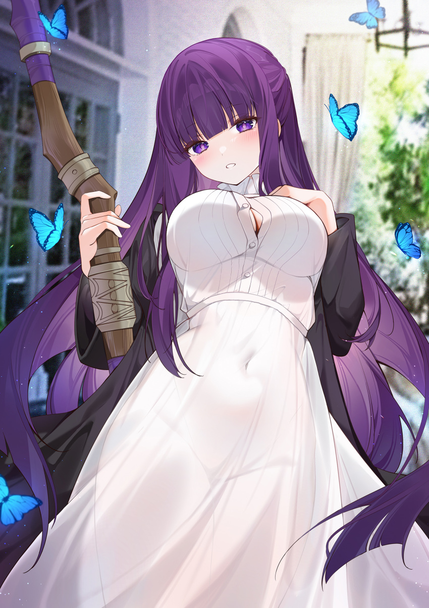 1girl :o absurdres black_robe blue_butterfly blunt_bangs blunt_ends blush breasts bug butterfly button_gap cleavage covered_navel dress fern_(sousou_no_frieren) groin highres holding holding_staff indoors large_breasts long_hair looking_at_viewer purple_eyes purple_hair robe see-through see-through_dress solo sousou_no_frieren staff straight_hair very_long_hair white_dress yukineko1018