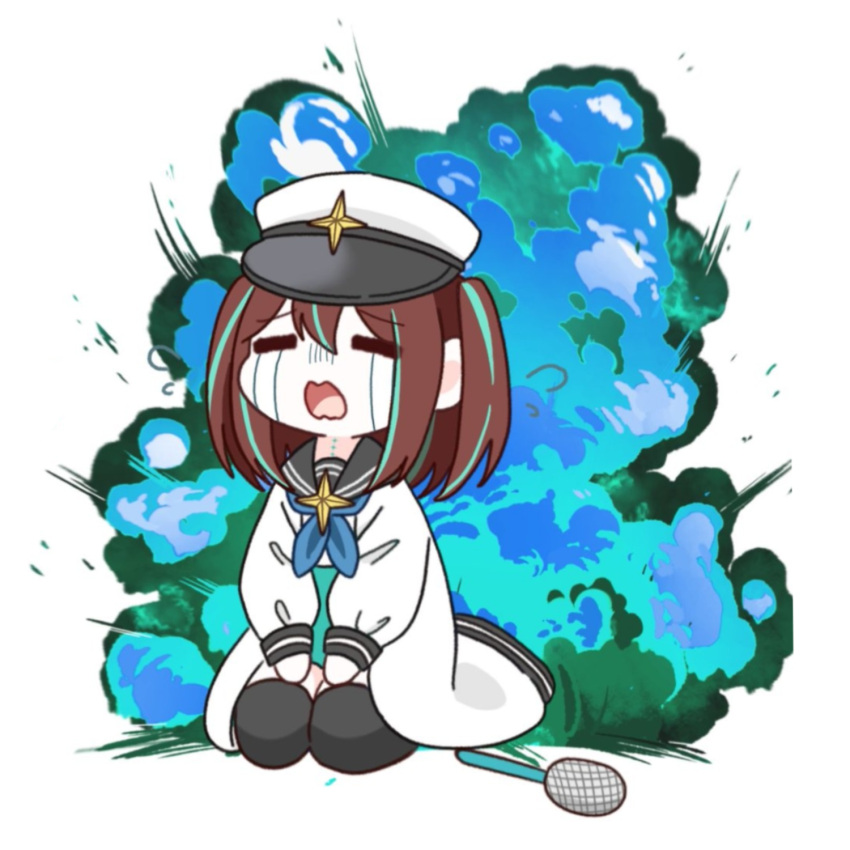 1girl black_thighhighs blue_fire brown_hair chibi crying explosion fire full_body hair_ornament hat highres jacket loco_musica mahou_shoujo_ni_akogarete microphone military_hat miyu---1283 multicolored_hair open_mouth sailor_collar seiza short_hair simple_background sitting solo streaked_hair streaming_tears tears thighhighs wavy_mouth white_background white_jacket