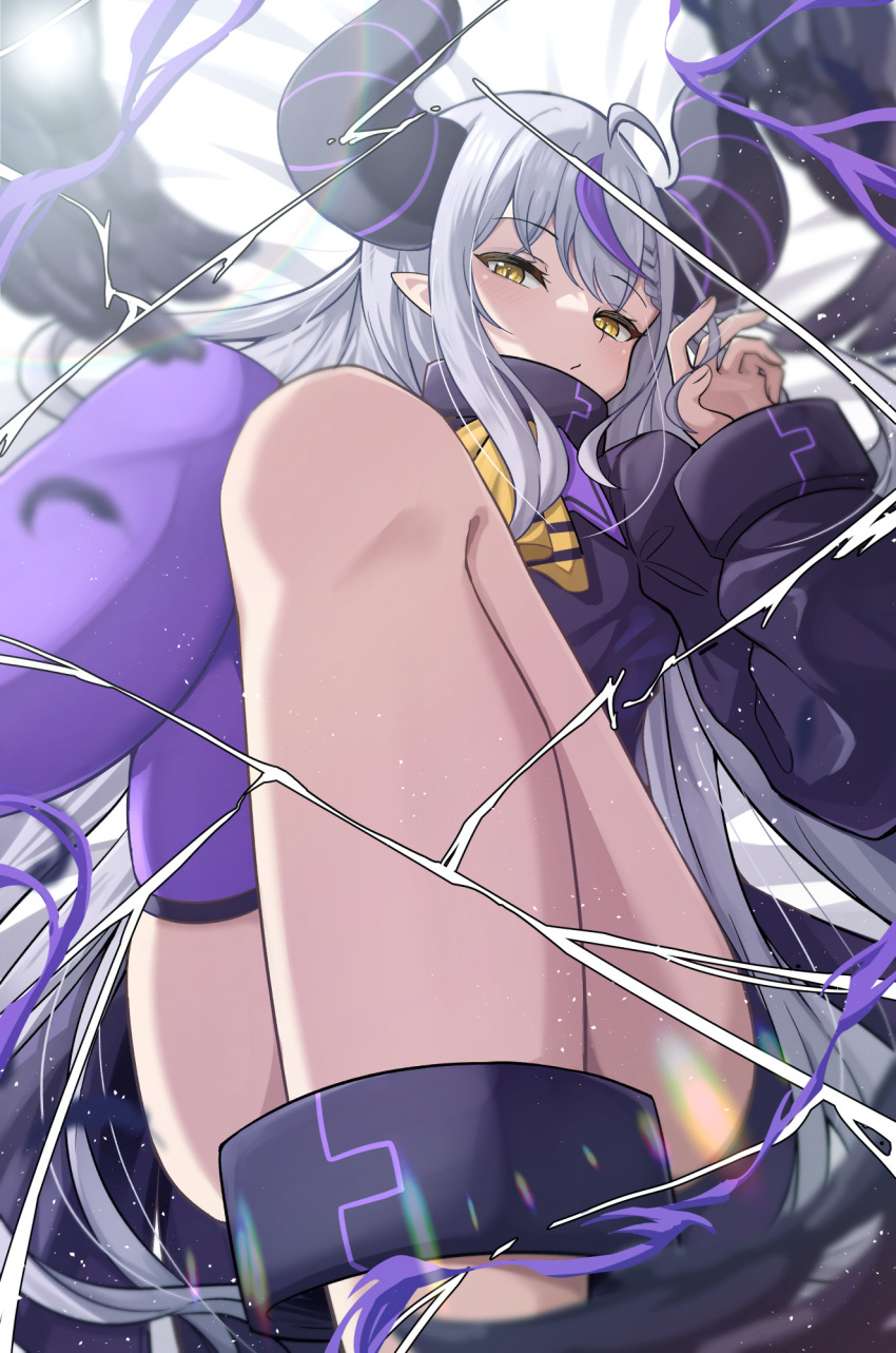 1girl ahoge ankle_cuffs ascot blush closed_mouth coat collar demon_girl demon_horns feet_out_of_frame grey_hair hand_up hashira_14 highres hololive horns knees_up la+_darknesss la+_darknesss_(1st_costume) legs long_hair long_sleeves looking_at_viewer metal_collar multicolored_hair pointy_ears purple_coat purple_hair purple_thighhighs sidelocks single_thighhigh solo streaked_hair striped_horns thighhighs very_long_hair virtual_youtuber yellow_ascot yellow_eyes